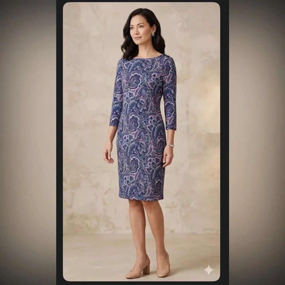 Talbots Blue and Pink Paisley 3/4 Sleeve Dress size M.